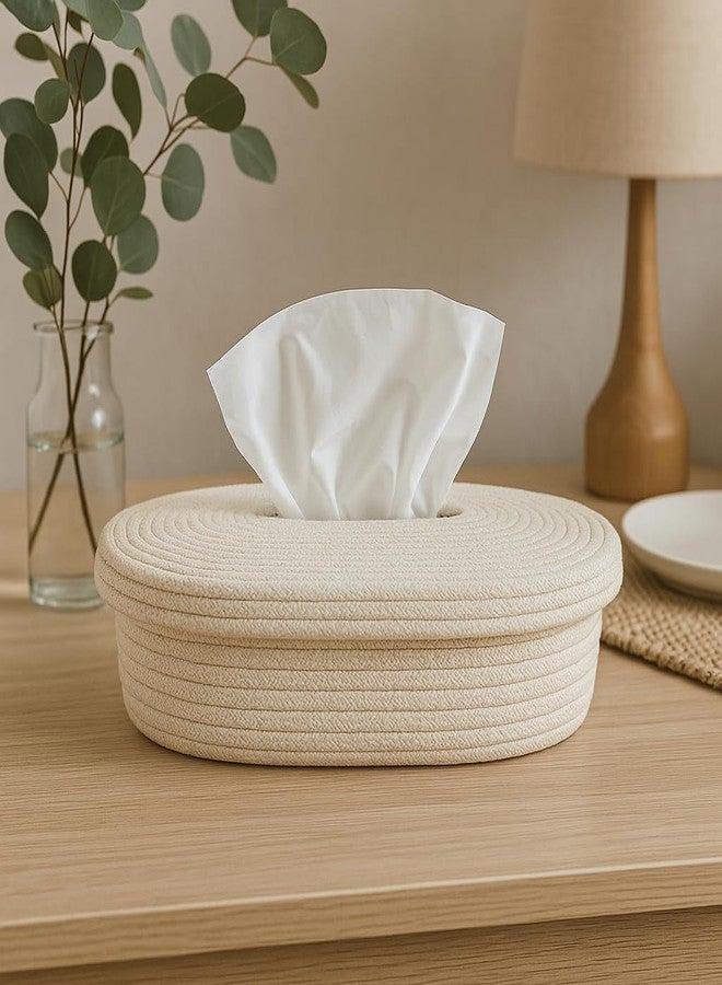 BOBBINY حامل مناديل من القطن والجوت من بوبيني، علبة مناديل مصنوعة يدوياً تتسع لـ 100 منديل، حامل مناديل طبيعي للمكتب وغرفة المعيشة وغرفة النوم والسيارة والطاولة وطاولة الطعام وديكور المنزل (لون أبيض كريمي، تصميم 1) - Image 1